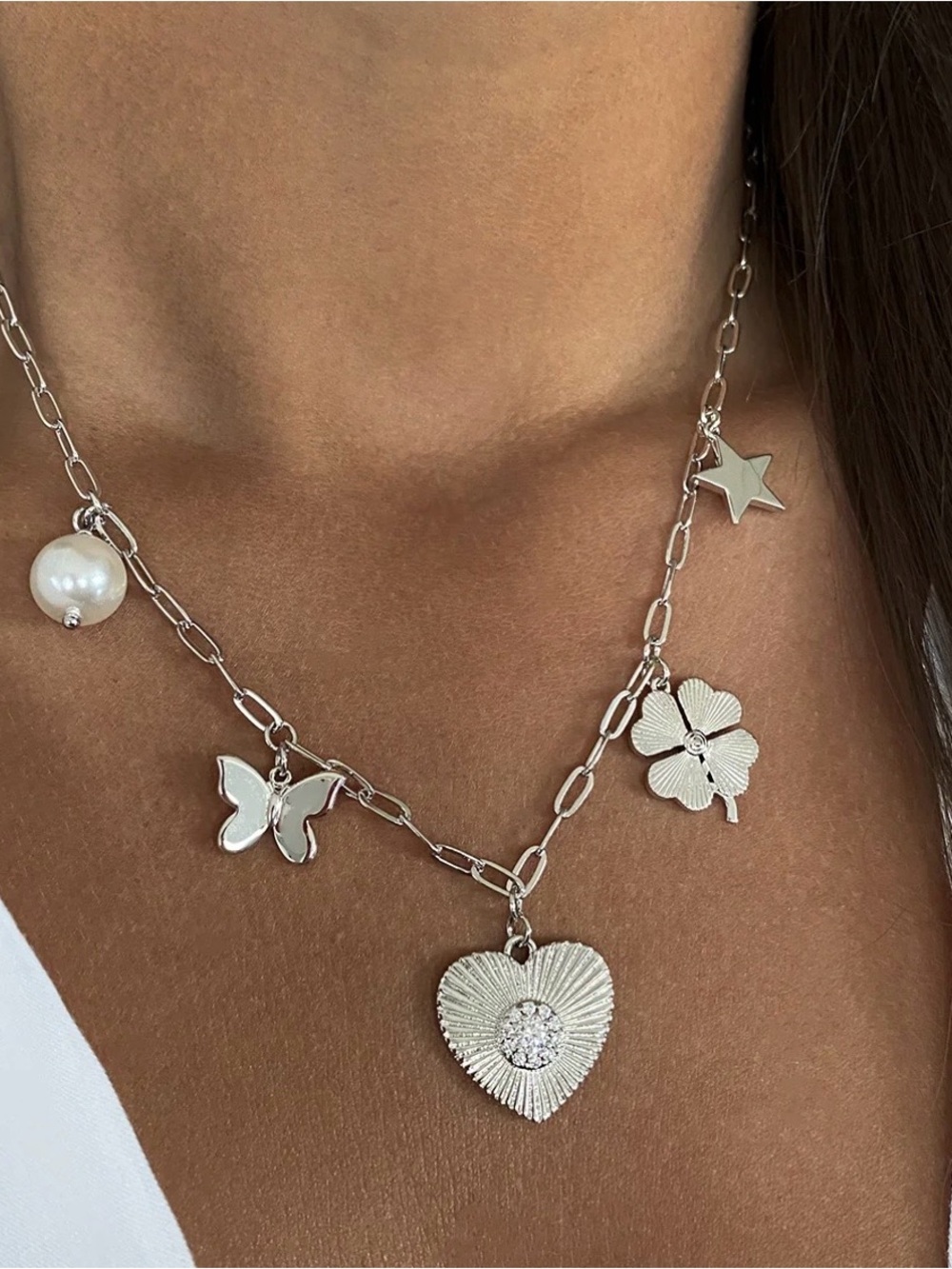Jennifer Miller Clover Multi Charm Necklace 14K White Gold Plated $250 NWT/BOX